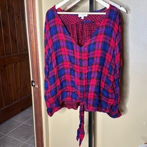 UMGEE Plaid Tunic Tie Front Long Bell Sleeves Hi/Low V-neck Size 2XL
